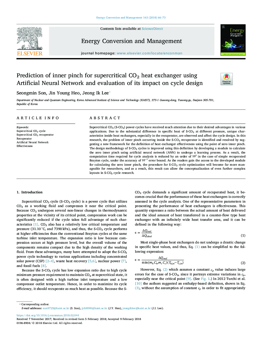 Prediction of inner pinch for supercritical CO2 heat exchanger using Artificial Neural Network and evaluation of its impact on cycle design