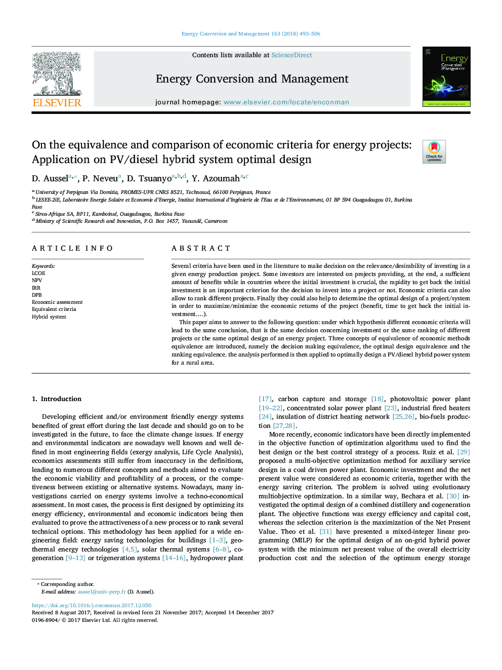 On the equivalence and comparison of economic criteria for energy projects: Application on PV/diesel hybrid system optimal design