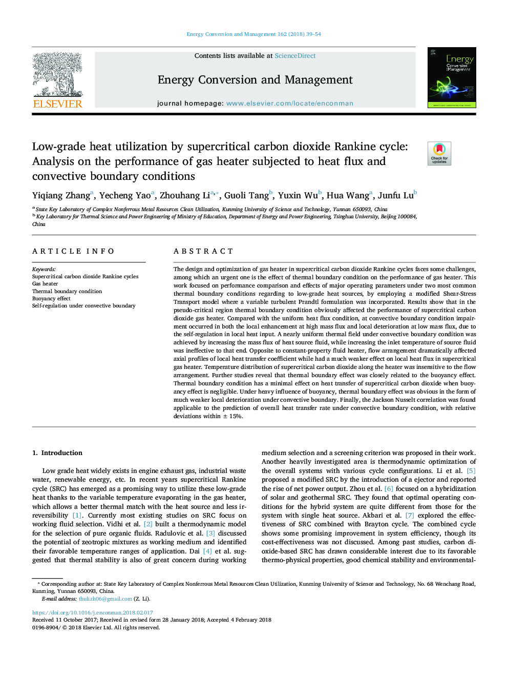 Low-grade heat utilization by supercritical carbon dioxide Rankine cycle: Analysis on the performance of gas heater subjected to heat flux and convective boundary conditions