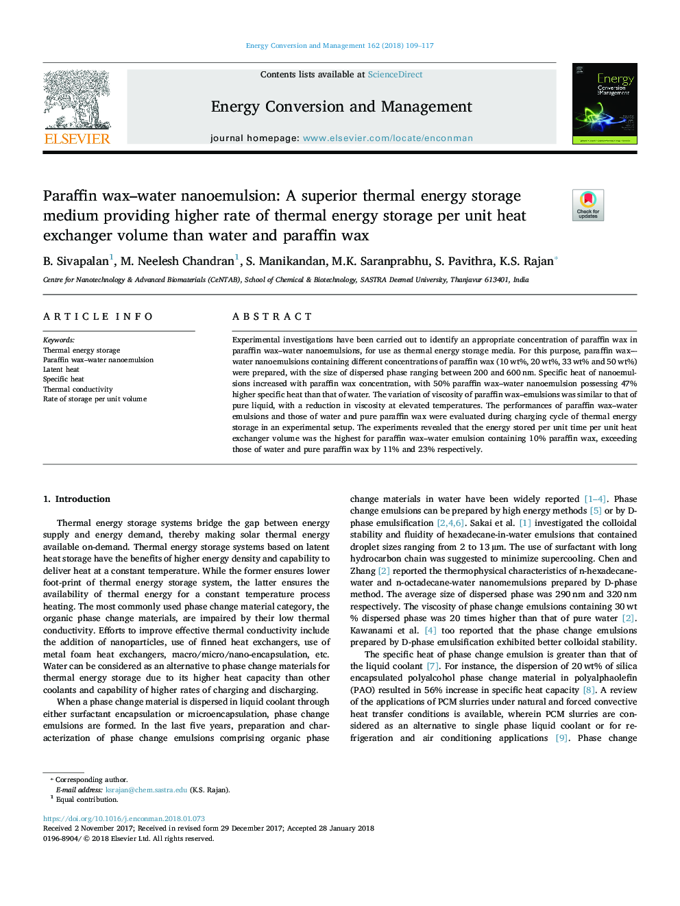 Paraffin wax-water nanoemulsion: A superior thermal energy storage medium providing higher rate of thermal energy storage per unit heat exchanger volume than water and paraffin wax