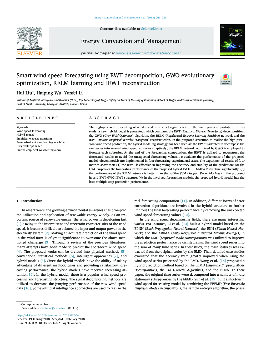 Smart wind speed forecasting using EWT decomposition, GWO evolutionary optimization, RELM learning and IEWT reconstruction