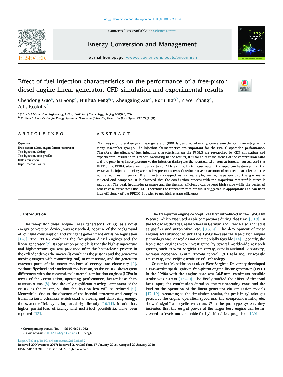 Effect of fuel injection characteristics on the performance of a free-piston diesel engine linear generator: CFD simulation and experimental results