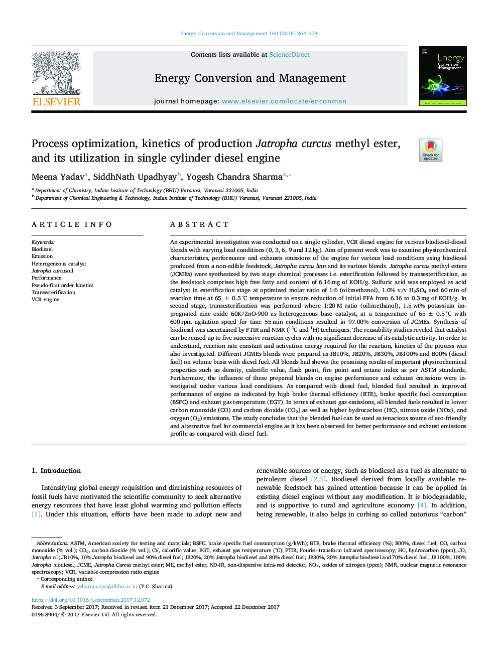 Process optimization, kinetics of production Jatropha curcus methyl ester, and its utilization in single cylinder diesel engine