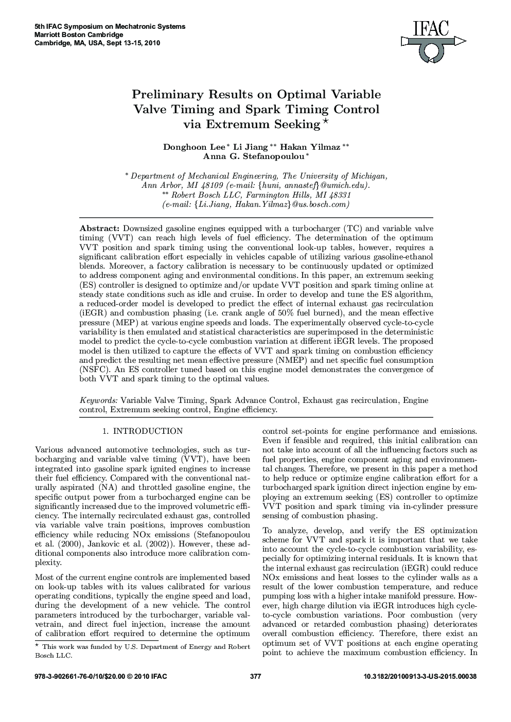 Preliminary Results on Optimal Variable Valve Timing and Spark Timing Control via Extremum Seeking