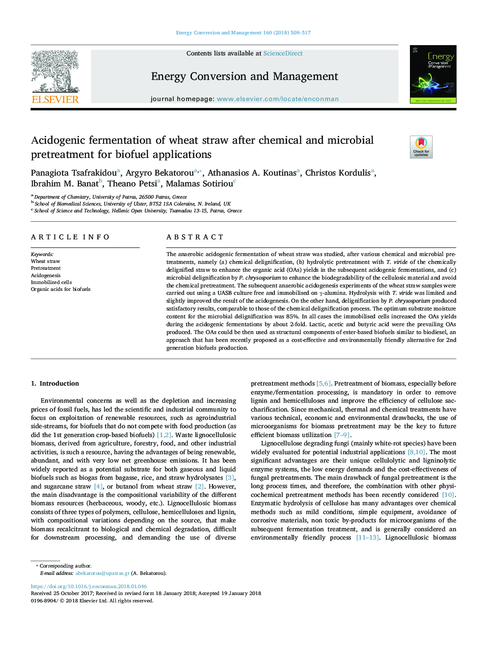 Îcidogenic fermentation of wheat straw after chemical and microbial pretreatment for biofuel applications