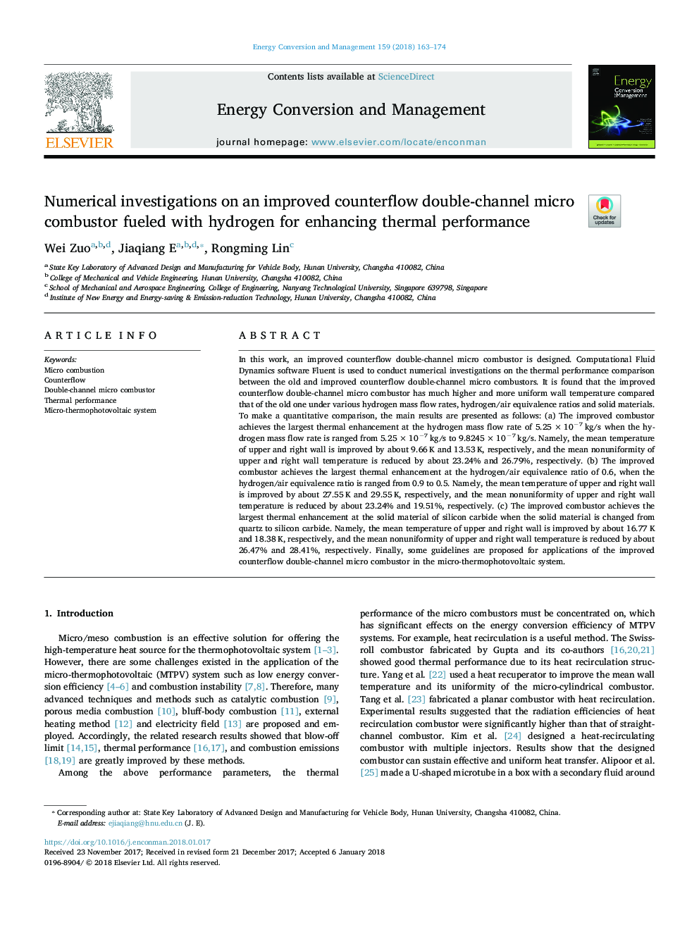 Numerical investigations on an improved counterflow double-channel micro combustor fueled with hydrogen for enhancing thermal performance