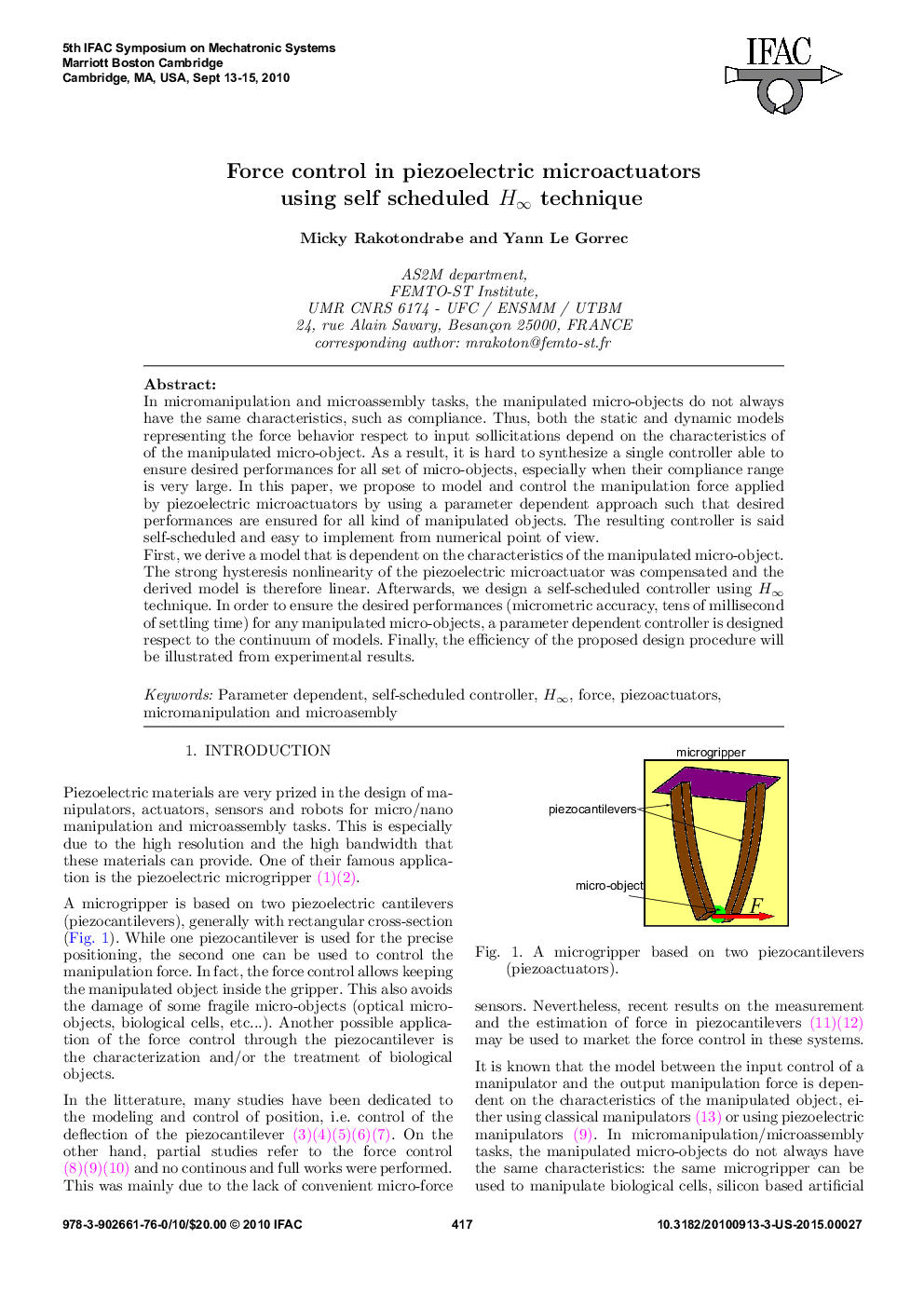 Force control in piezoelectric microactuators using self scheduled H technique