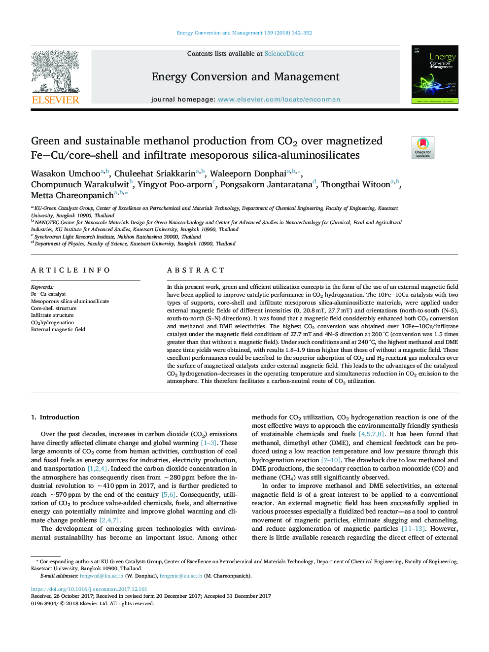 Green and sustainable methanol production from CO2 over magnetized FeCu/core-shell and infiltrate mesoporous silica-aluminosilicates