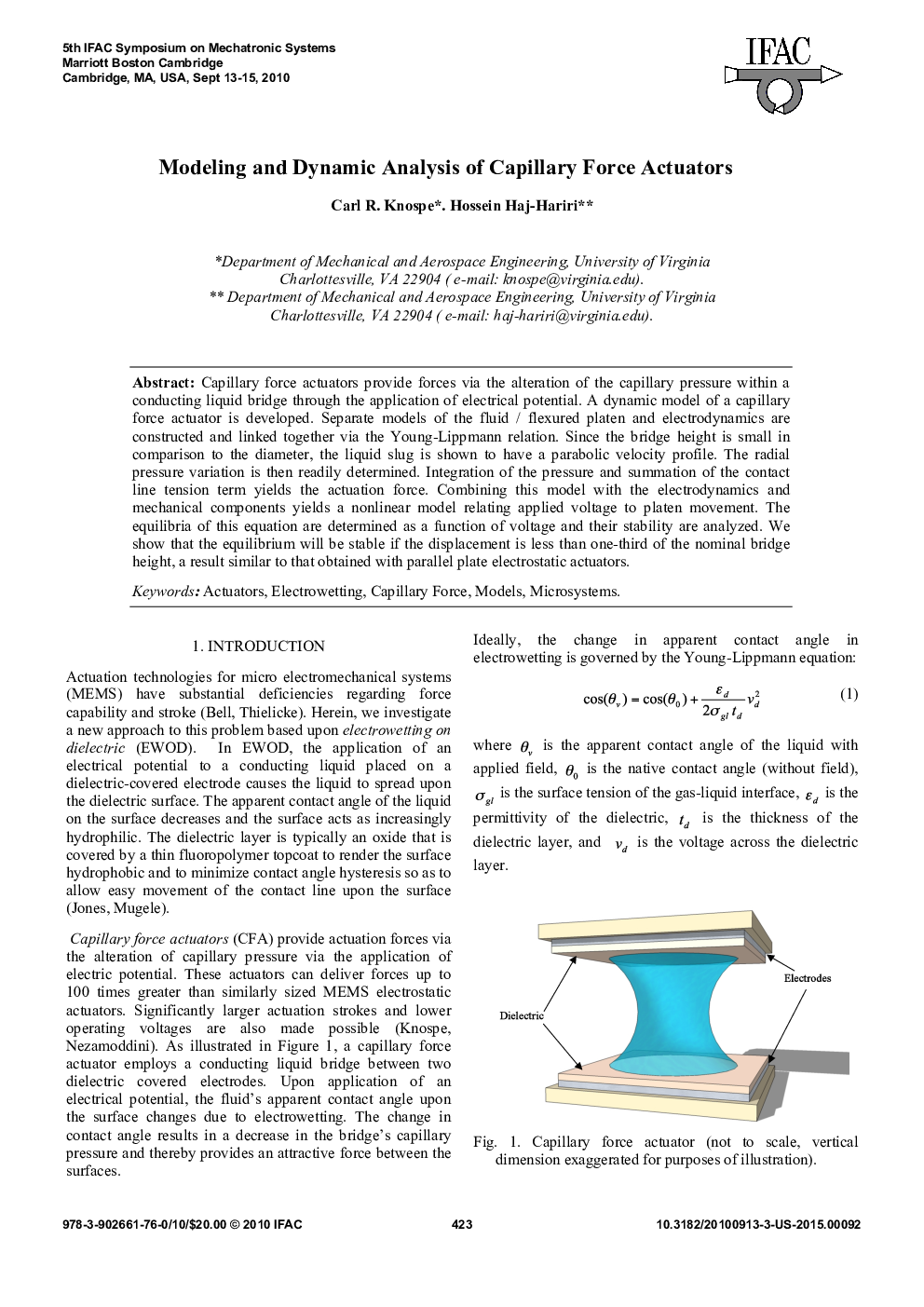 عکس صفحه اول مقاله: Modeling and Dynamic Analysis of Capillary Force Actuators Modeling and Dynamic Analysis of Capillary Force Actuators