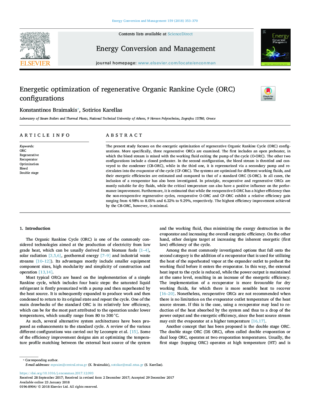 Energetic optimization of regenerative Organic Rankine Cycle (ORC) configurations