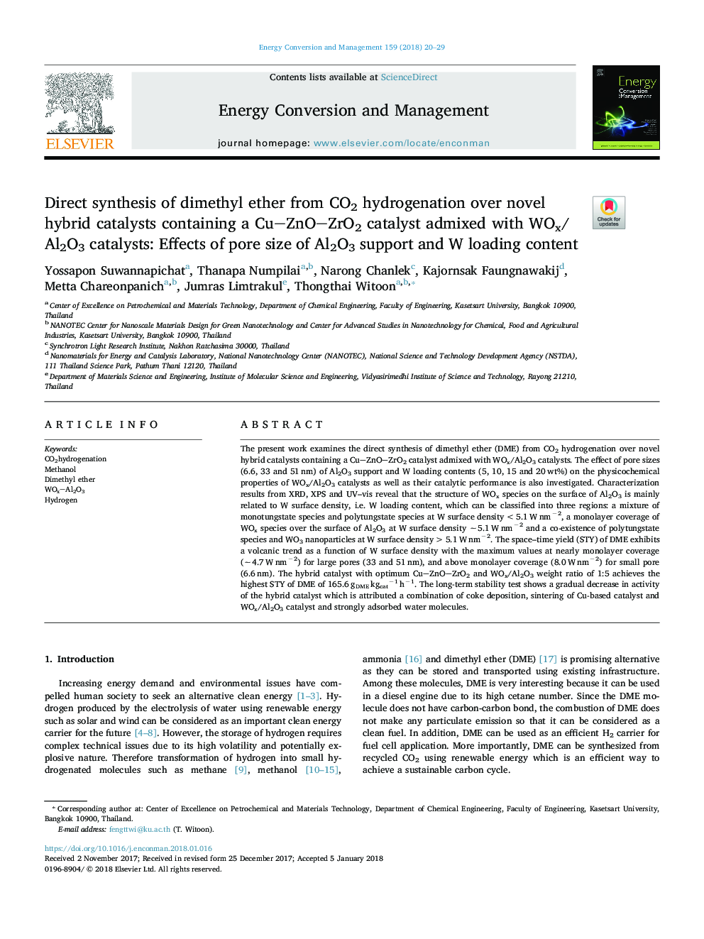 Direct synthesis of dimethyl ether from CO2 hydrogenation over novel hybrid catalysts containing a CuZnOZrO2 catalyst admixed with WOx/Al2O3 catalysts: Effects of pore size of Al2O3 support and W loading content