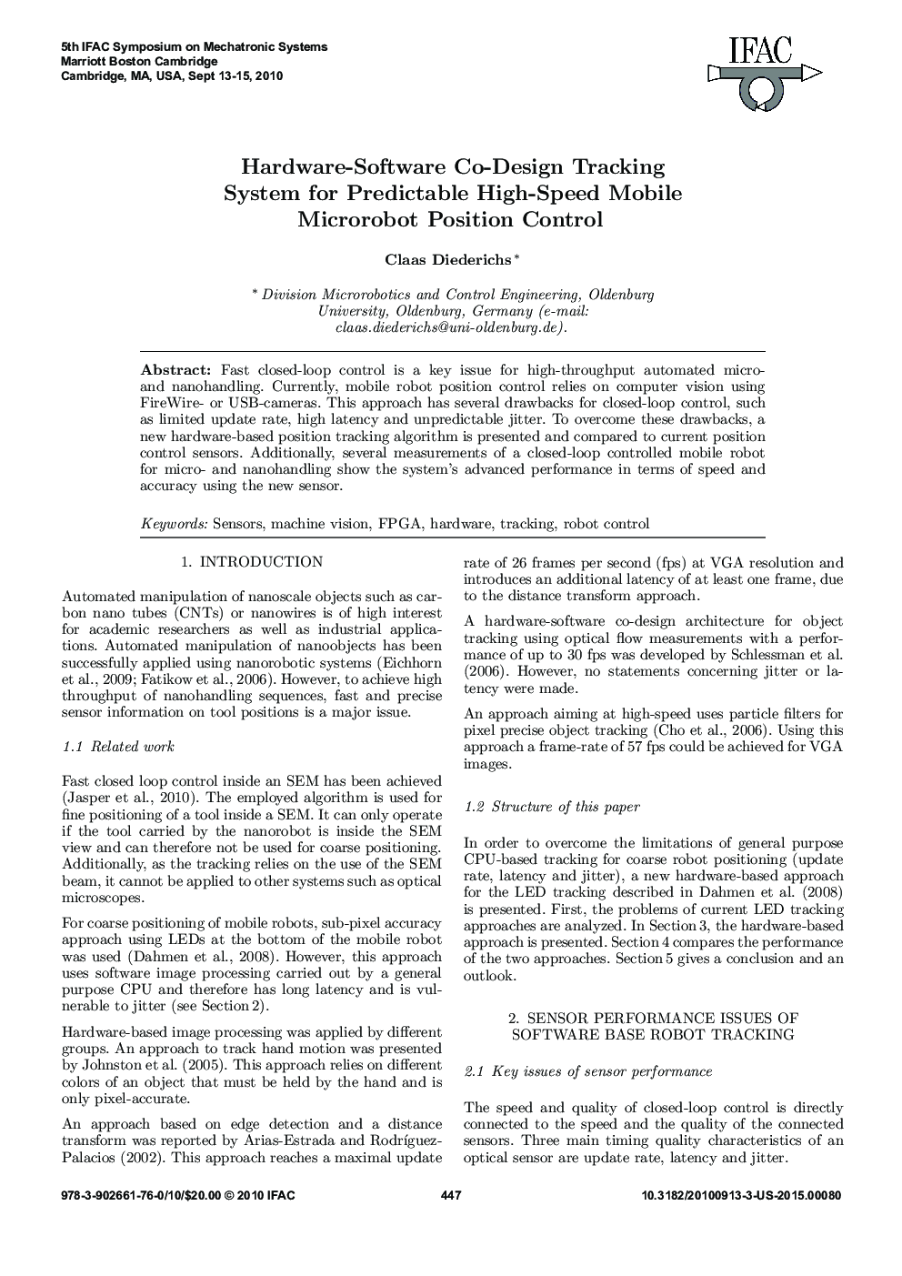 عکس صفحه اول مقاله: Hardware-Software Co-Design Tracking System for Predictable High-Speed Mobile Microrobot Position Control Hardware-Software Co-Design Tracking System for Predictable High-Speed Mobile Microrobot Position Control