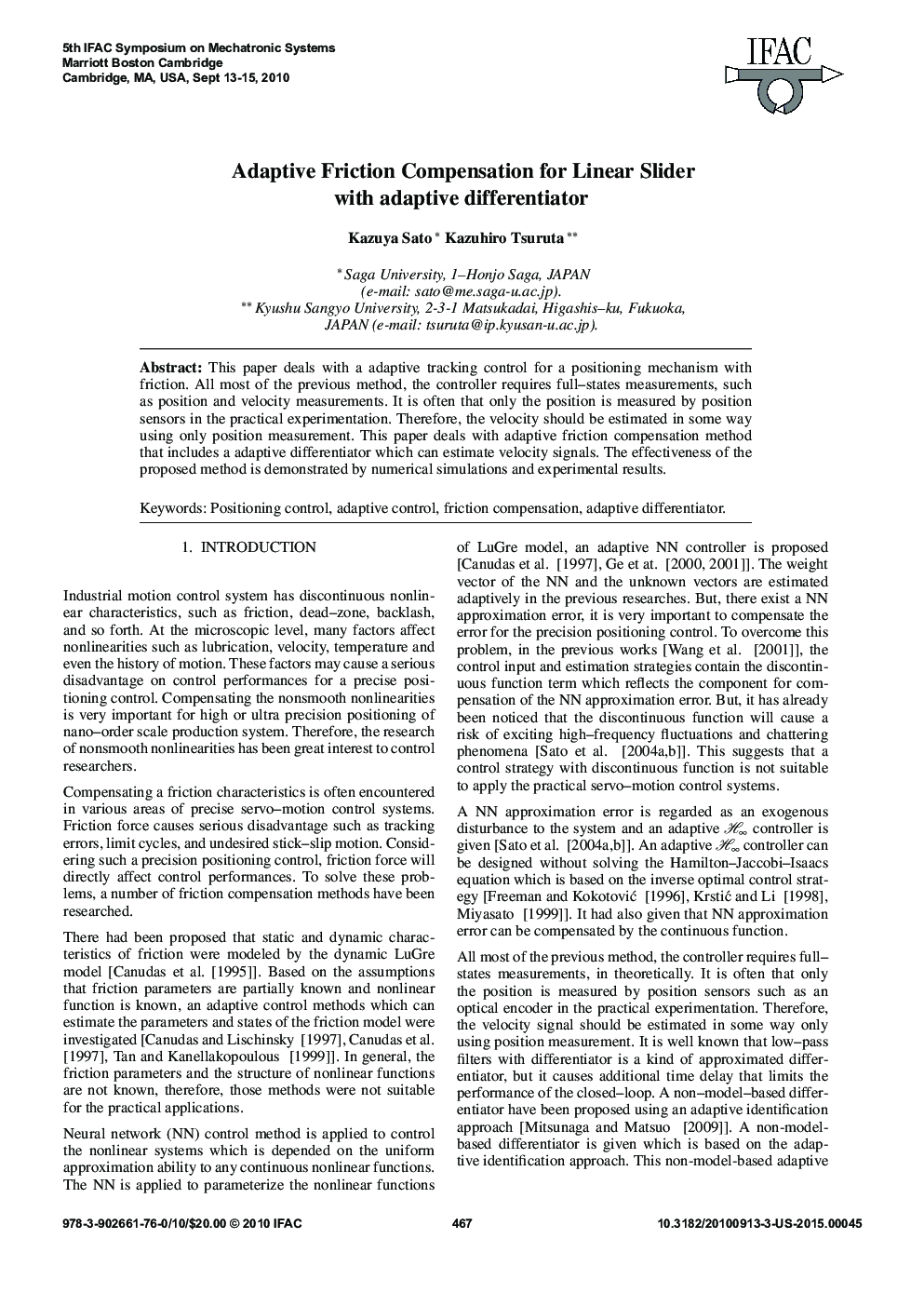 Adaptive Friction Compensation for Linear Slider with adaptive differentiator