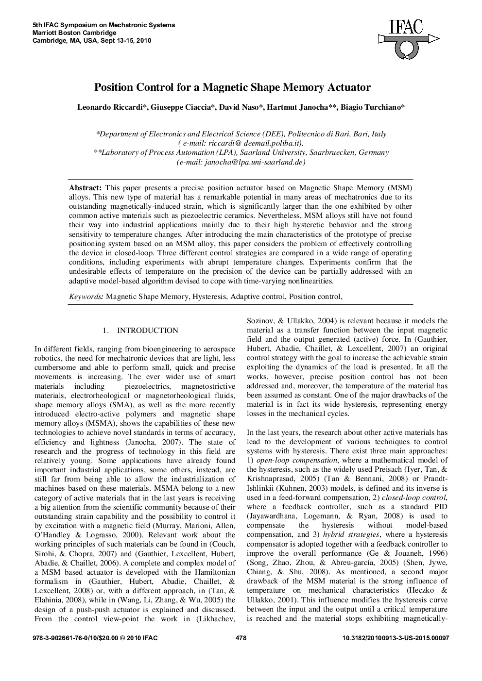 عکس صفحه اول مقاله: Position Control for a Magnetic Shape Memory Actuator Position Control for a Magnetic Shape Memory Actuator