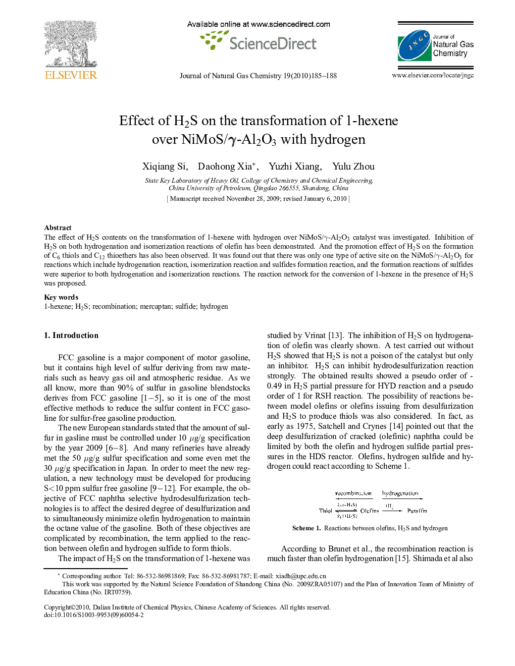 Effect of H2S on the transformation of 1-hexene over NiMoS/γ-Al2O3 with hydrogen 