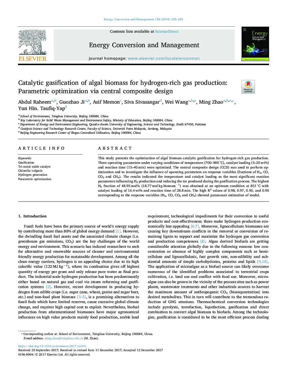 Catalytic gasification of algal biomass for hydrogen-rich gas production: Parametric optimization via central composite design