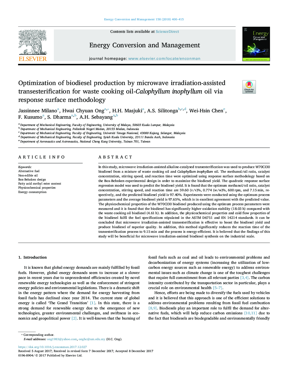 Optimization of biodiesel production by microwave irradiation-assisted transesterification for waste cooking oil-Calophyllum inophyllum oil via response surface methodology