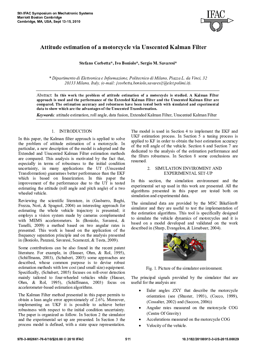 عکس صفحه اول مقاله: Attitude estimation of a motorcycle via Unscented Kalman Filter Attitude estimation of a motorcycle via Unscented Kalman Filter