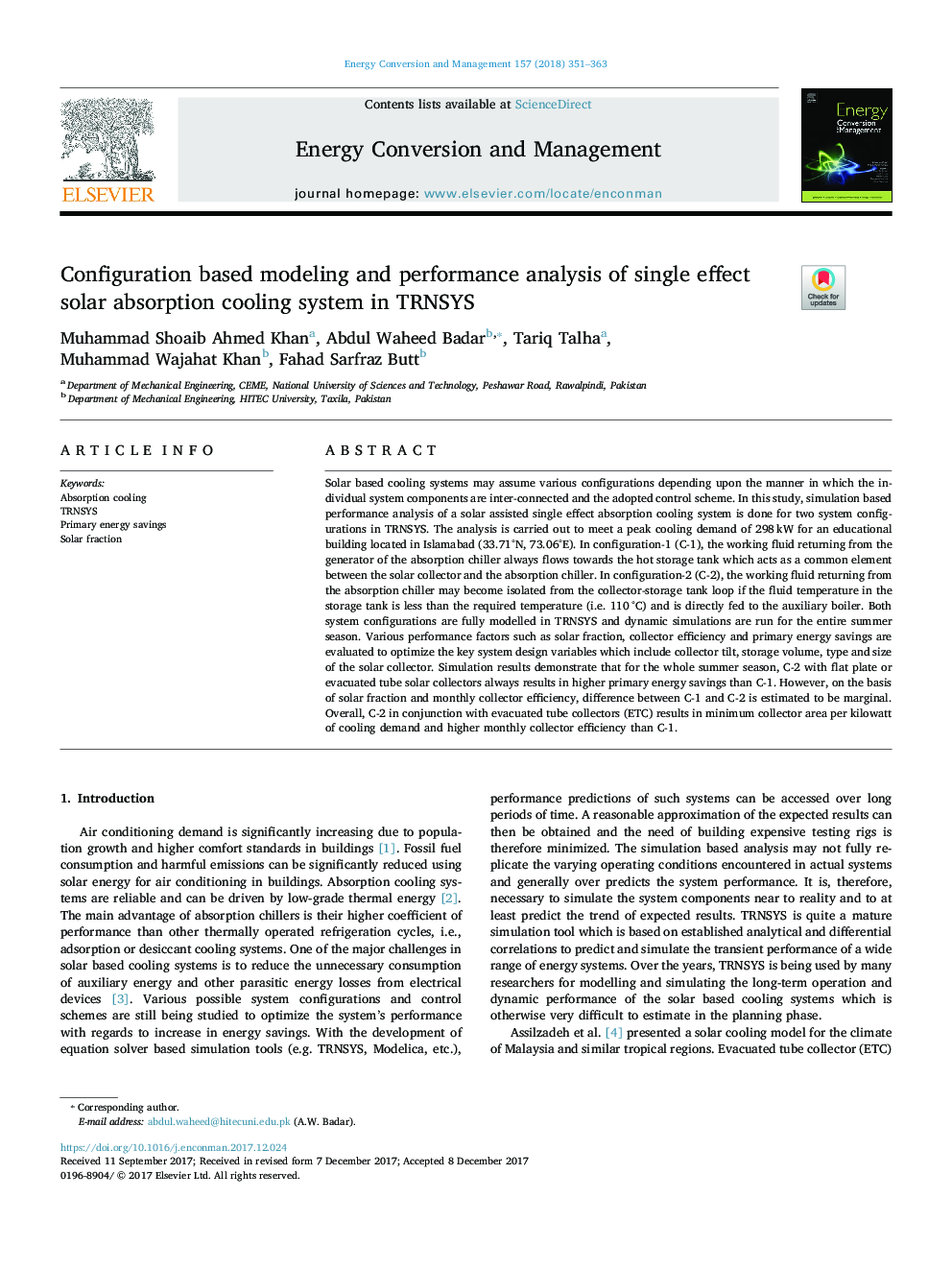 Configuration based modeling and performance analysis of single effect solar absorption cooling system in TRNSYS