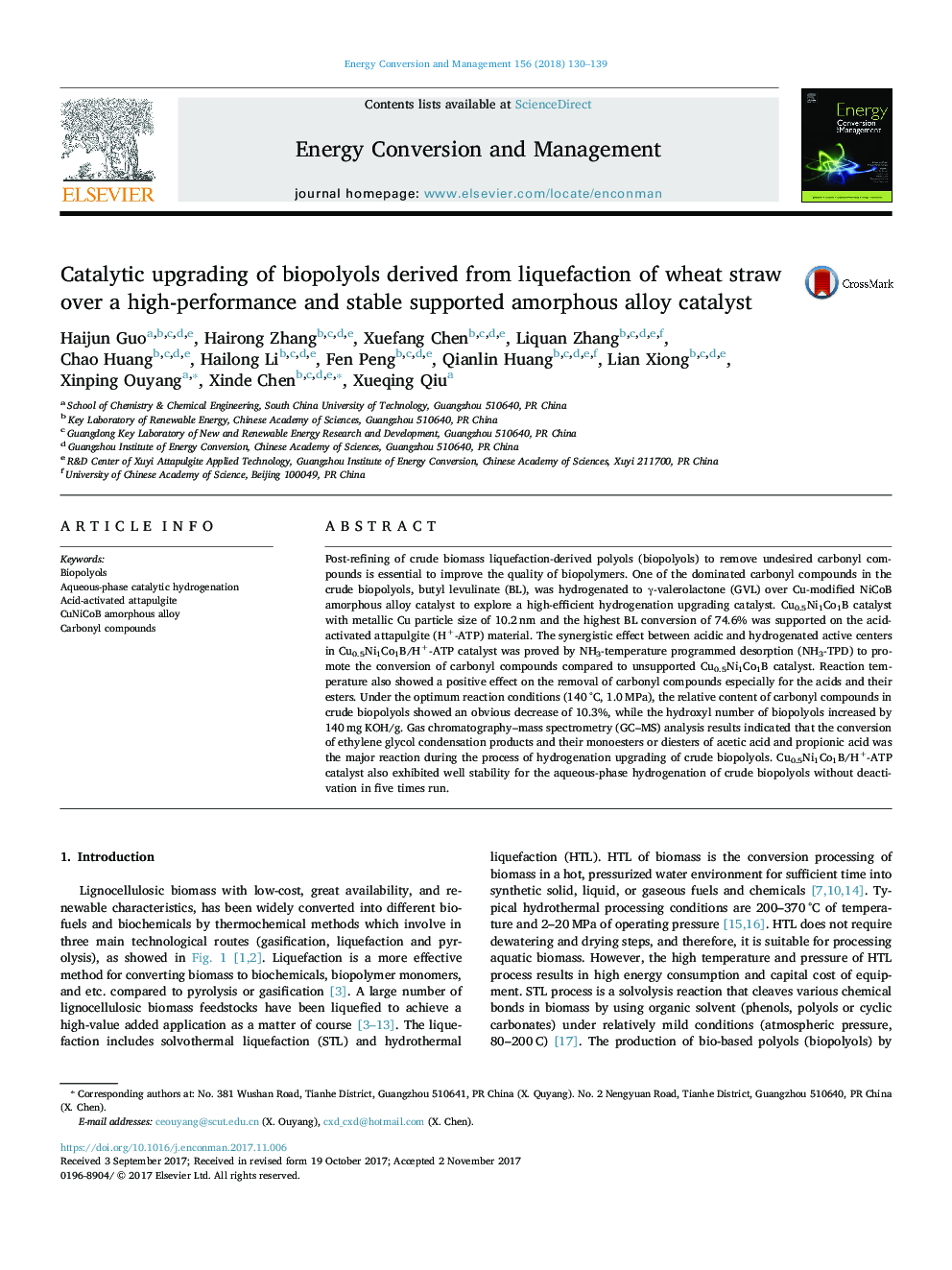 Catalytic upgrading of biopolyols derived from liquefaction of wheat straw over a high-performance and stable supported amorphous alloy catalyst