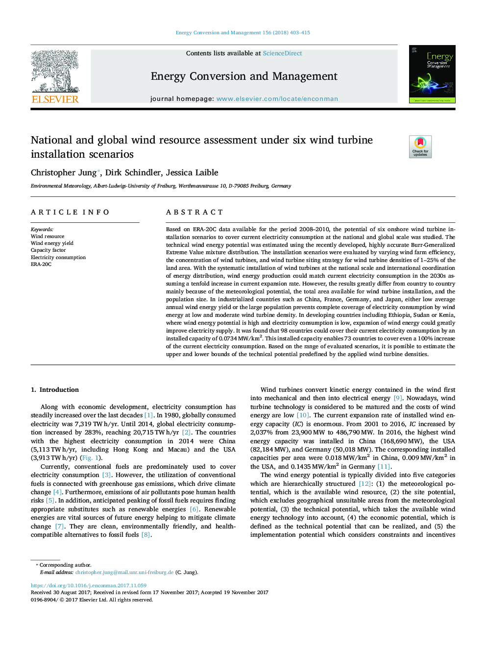 National and global wind resource assessment under six wind turbine installation scenarios