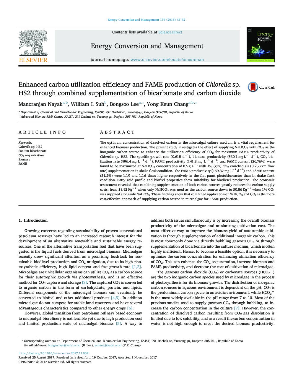 Enhanced carbon utilization efficiency and FAME production of Chlorella sp. HS2 through combined supplementation of bicarbonate and carbon dioxide