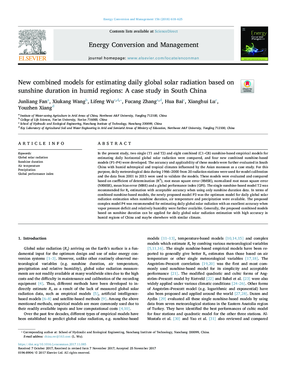 مدل های ترکیبی جدید برای برآورد تابش خورشیدی روزانه جهانی بر اساس مدت زمان نور آفتاب در مناطق مرطوب: مطالعه موردی در جنوب چین 
