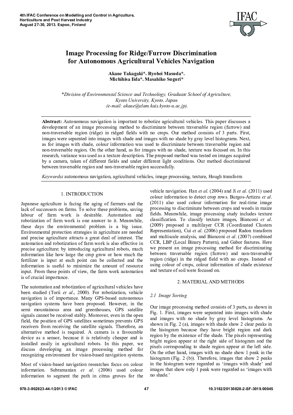 Image Processing for Ridge/Furrow Discrimination for Autonomous Agricultural Vehicles Navigation