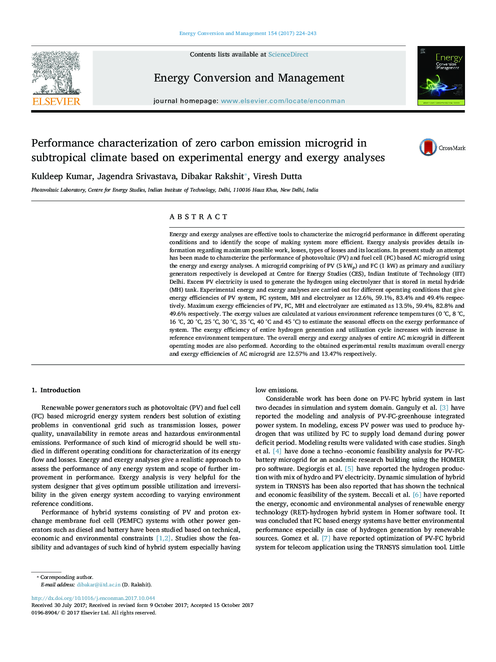 Performance characterization of zero carbon emission microgrid in subtropical climate based on experimental energy and exergy analyses