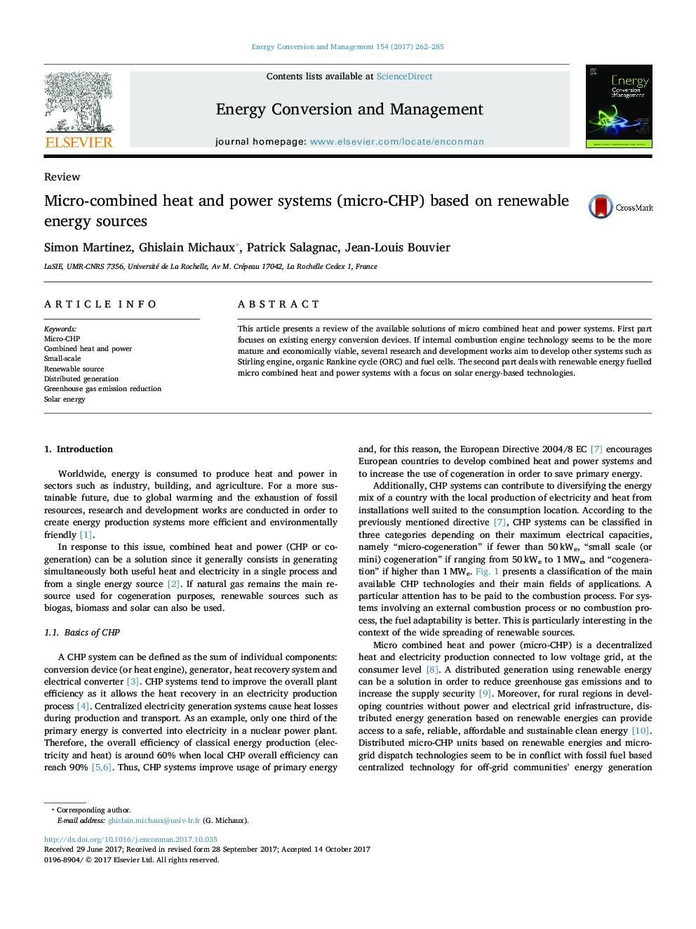 Micro-combined heat and power systems (micro-CHP) based on renewable energy sources