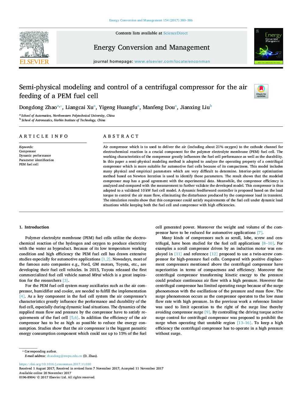 Semi-physical modeling and control of a centrifugal compressor for the air feeding of a PEM fuel cell