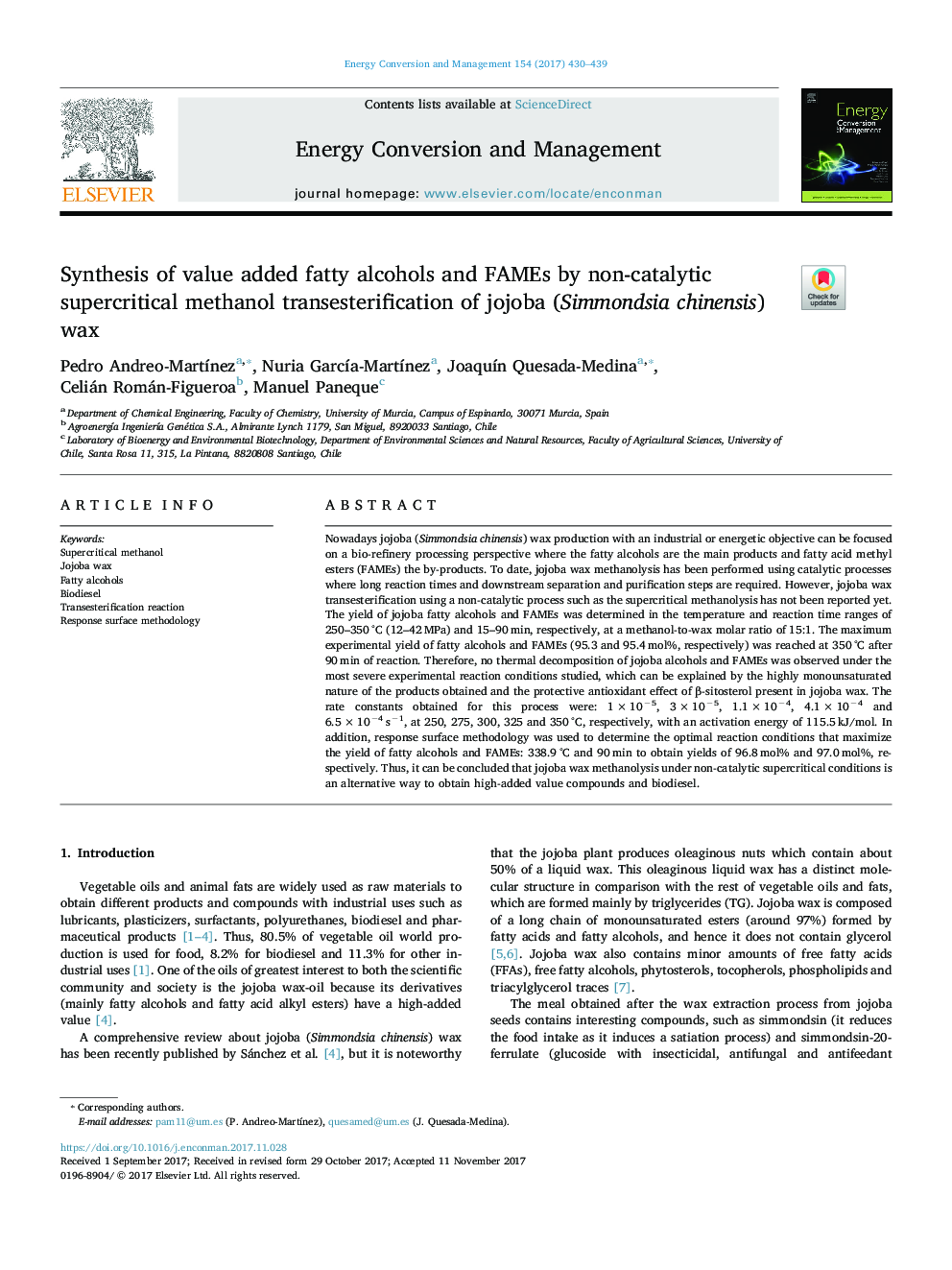 Synthesis of value added fatty alcohols and FAMEs by non-catalytic supercritical methanol transesterification of jojoba (Simmondsia chinensis) wax