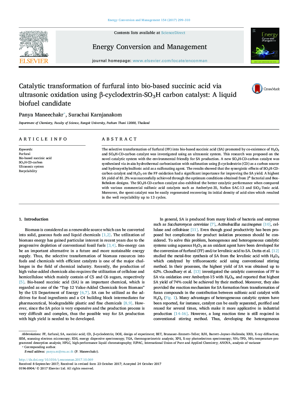 Catalytic transformation of furfural into bio-based succinic acid via ultrasonic oxidation using Î²-cyclodextrin-SO3H carbon catalyst: A liquid biofuel candidate