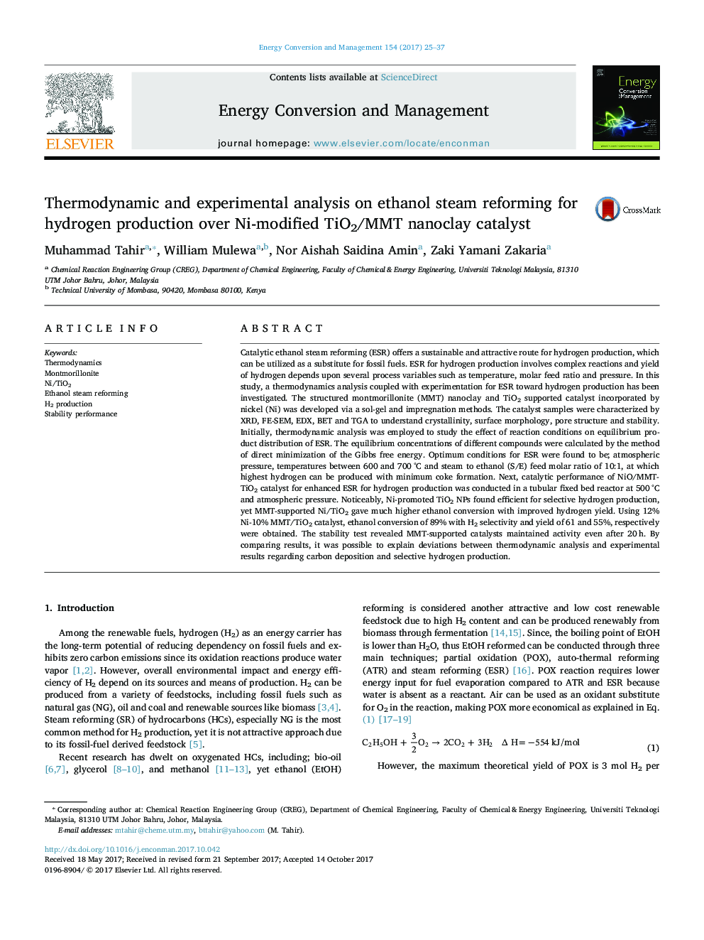 Thermodynamic and experimental analysis on ethanol steam reforming for hydrogen production over Ni-modified TiO2/MMT nanoclay catalyst