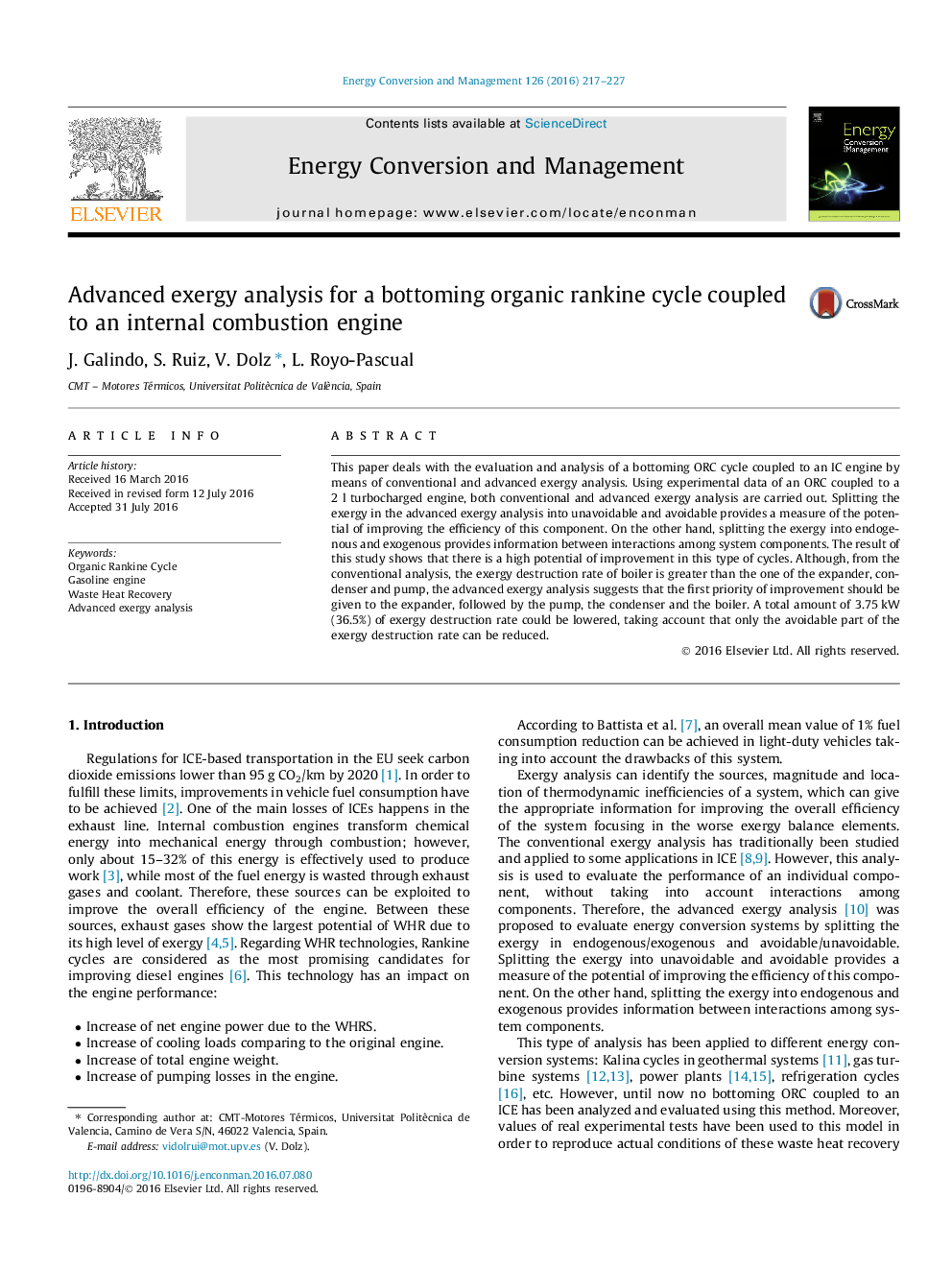 Advanced exergy analysis for a bottoming organic rankine cycle coupled to an internal combustion engine