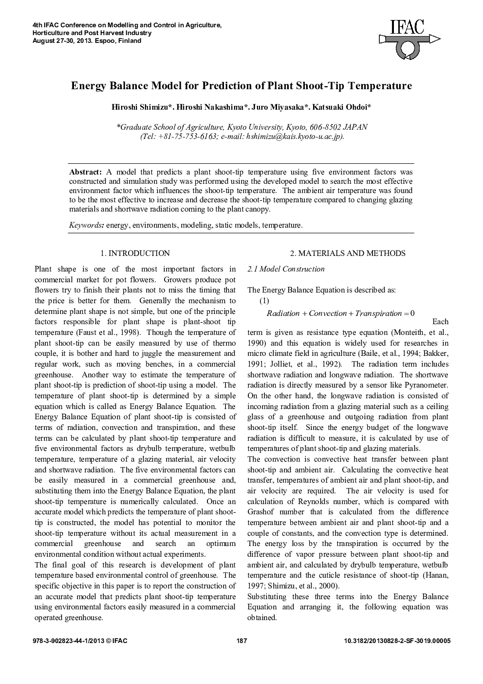 Energy Balance Model for Prediction of Plant Shoot-Tip Temperature