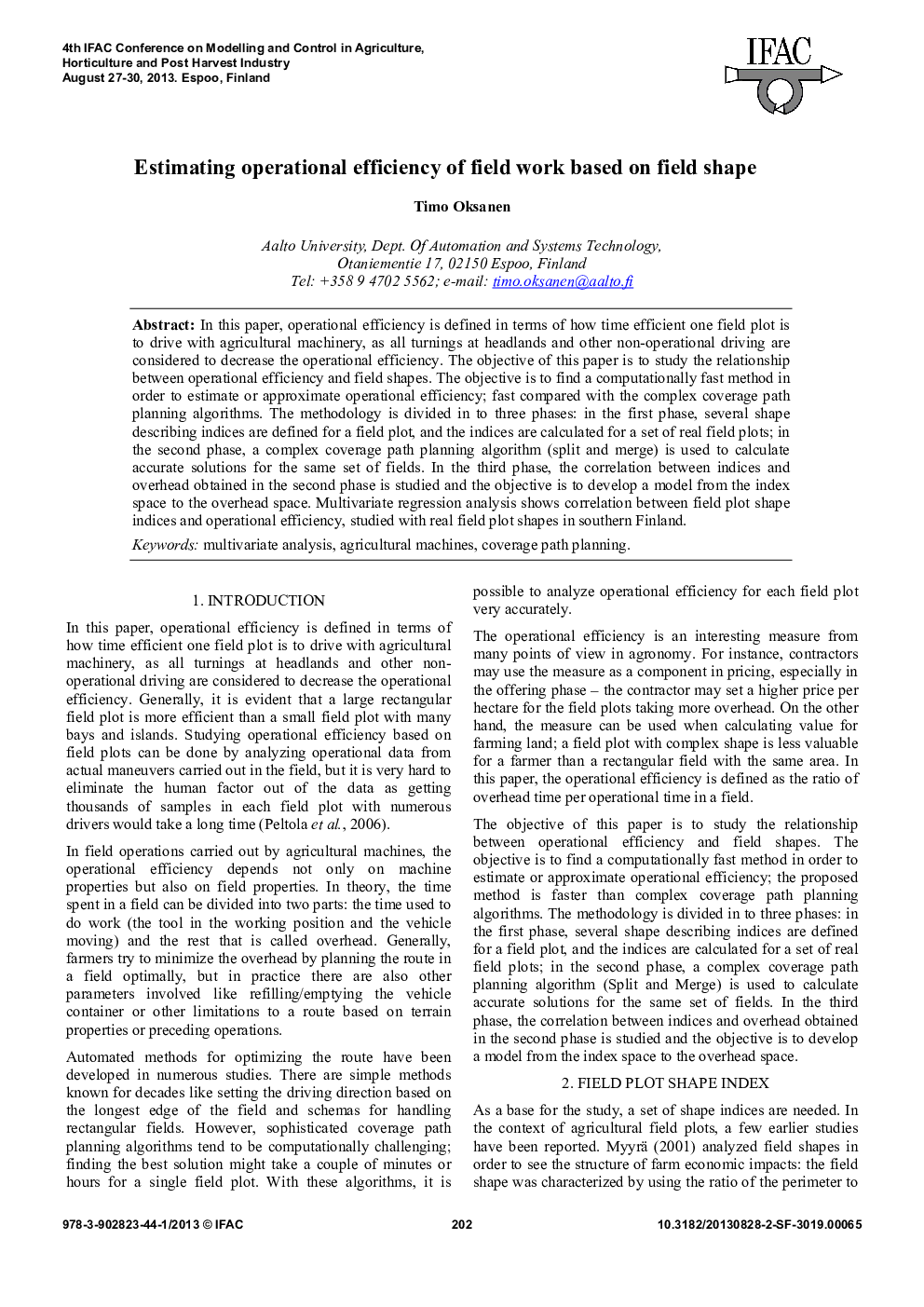 Estimating operational efficiency of field work based on field shape