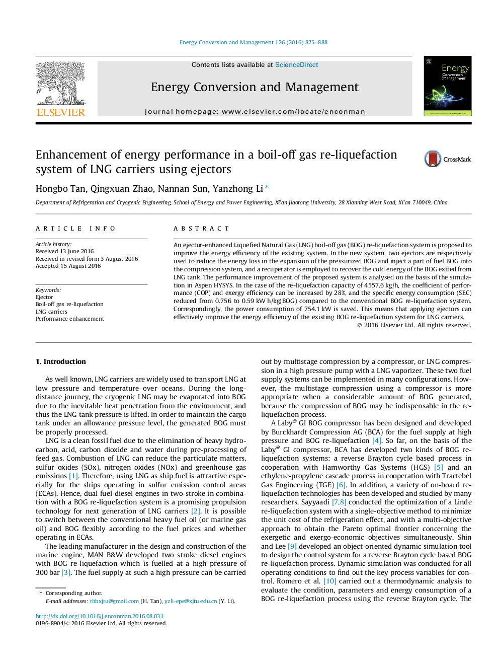 Enhancement of energy performance in a boil-off gas re-liquefaction system of LNG carriers using ejectors