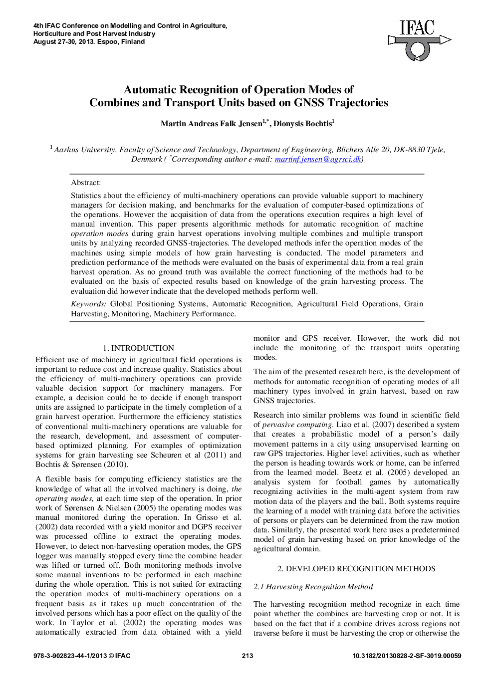 Automatic Recognition of Operation Modes of Combines and Transport Units based on GNSS Trajectories