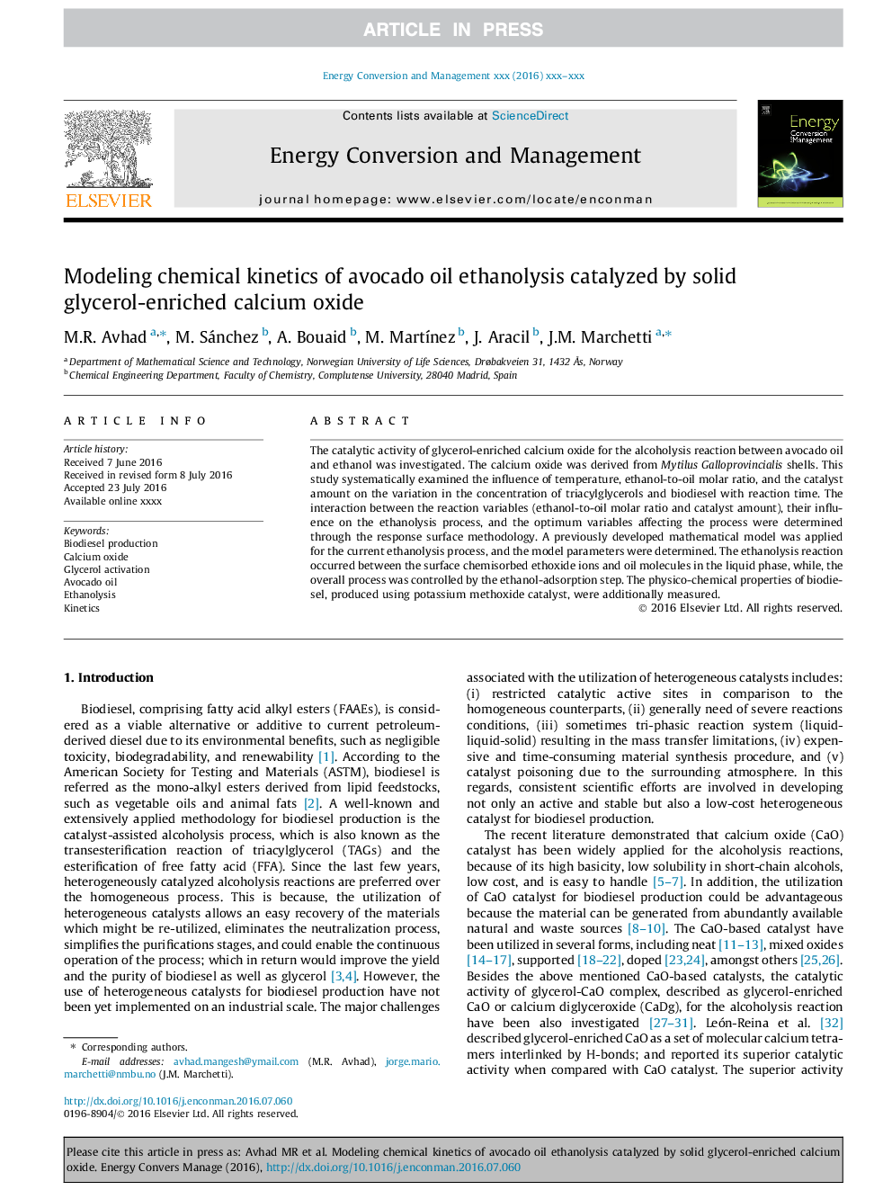 Modeling chemical kinetics of avocado oil ethanolysis catalyzed by solid glycerol-enriched calcium oxide