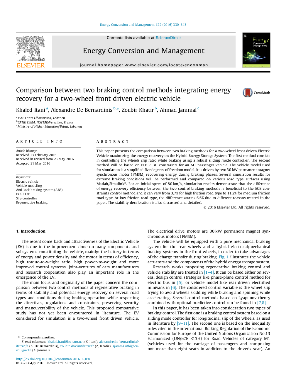 Comparison between two braking control methods integrating energy recovery for a two-wheel front driven electric vehicle