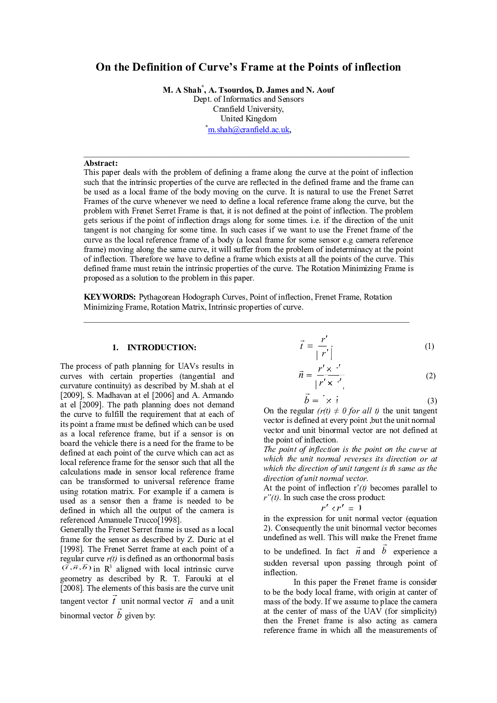 On the Definition of Curve's Frame at the Points of inflection