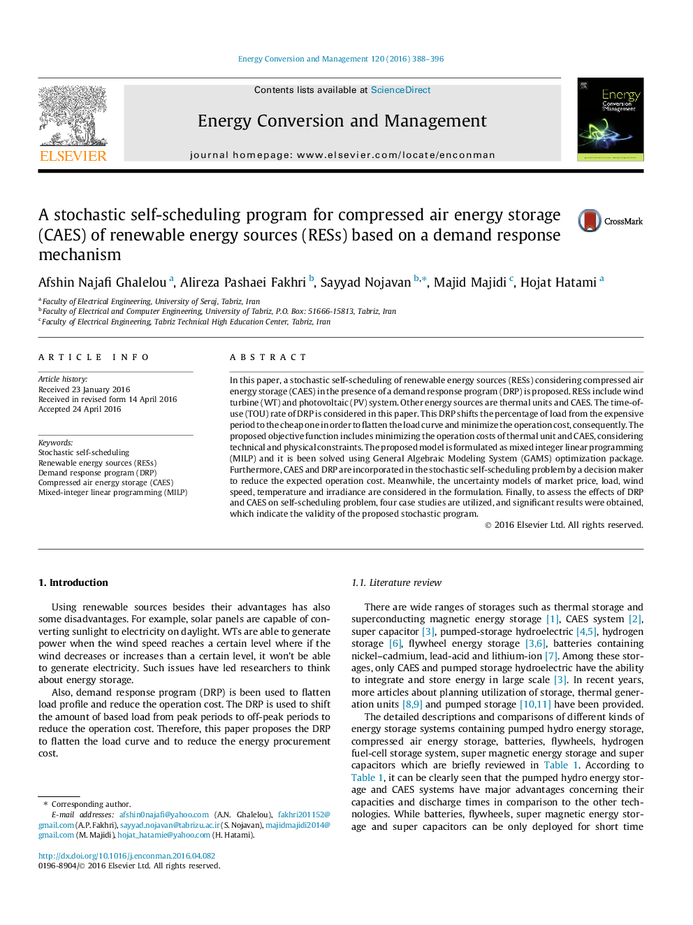 A stochastic self-scheduling program for compressed air energy storage (CAES) of renewable energy sources (RESs) based on a demand response mechanism