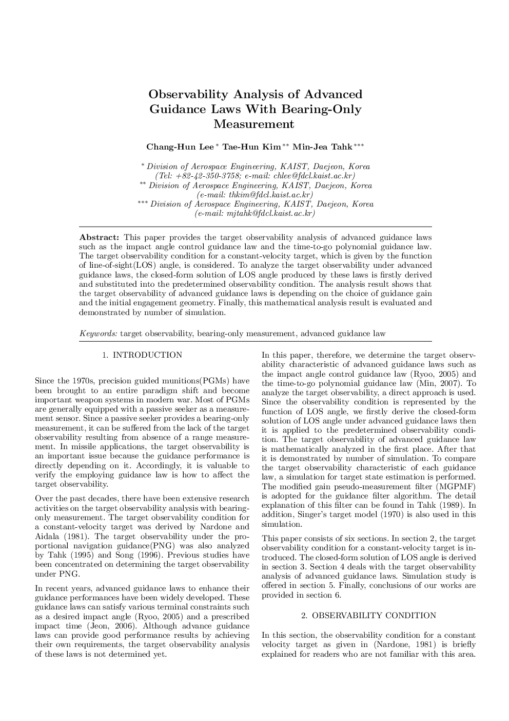 Observability Analysis of Advanced Guidance Laws With Bearing-Only Measurement