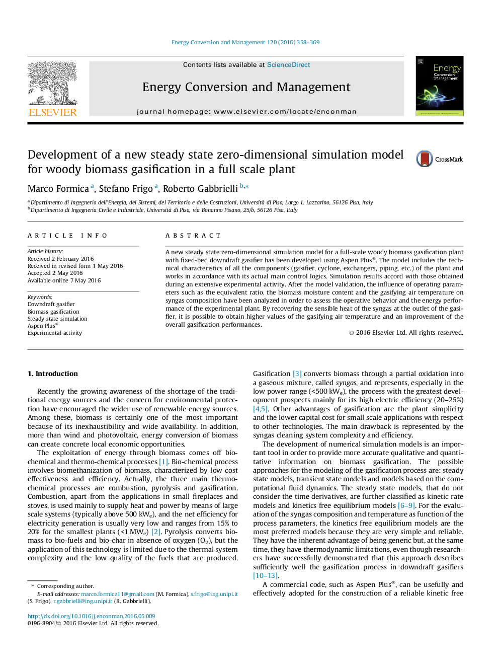 Development of a new steady state zero-dimensional simulation model for woody biomass gasification in a full scale plant