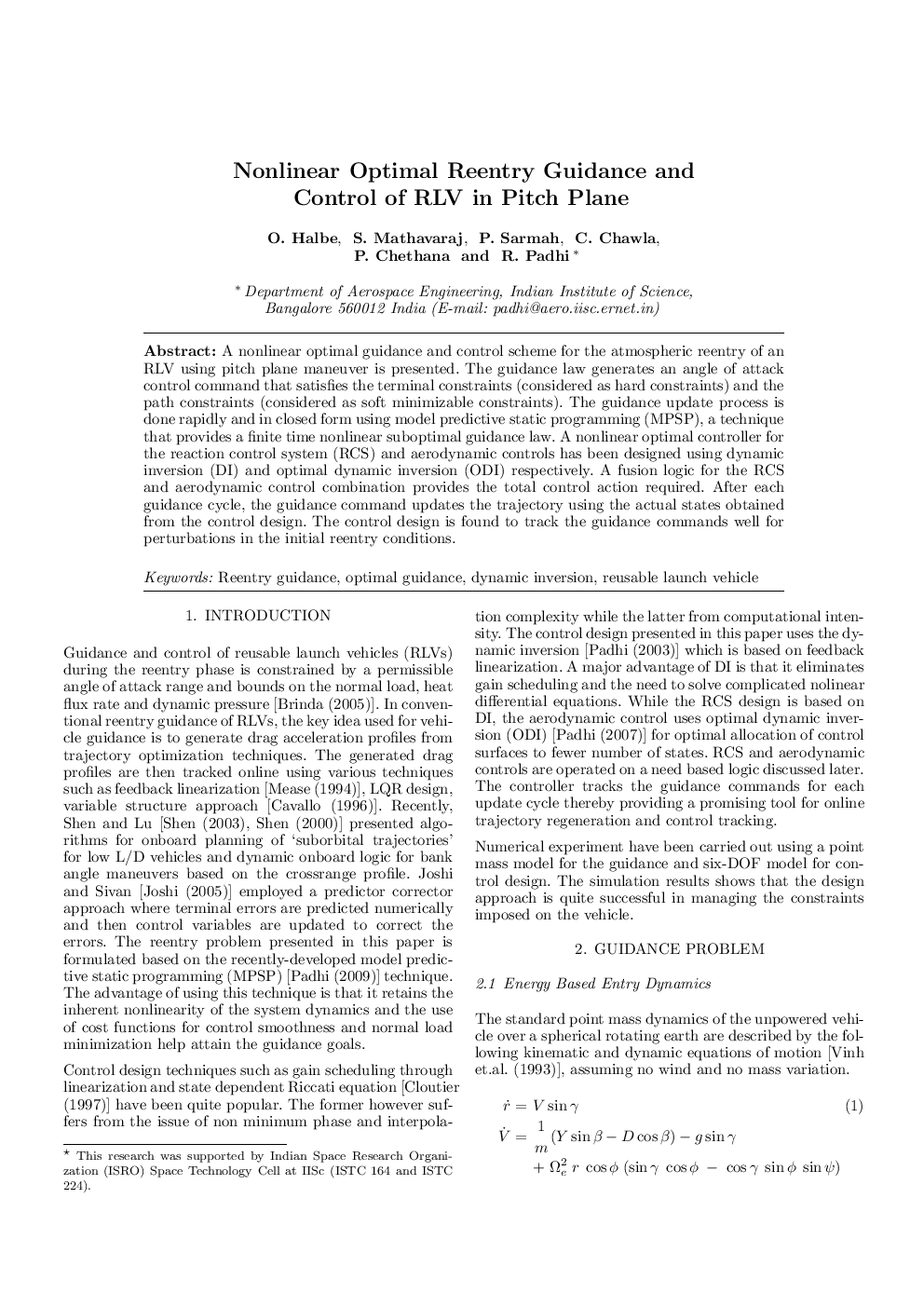Nonlinear Optimal Reentry Guidance and Control of RLV in Pitch Plane