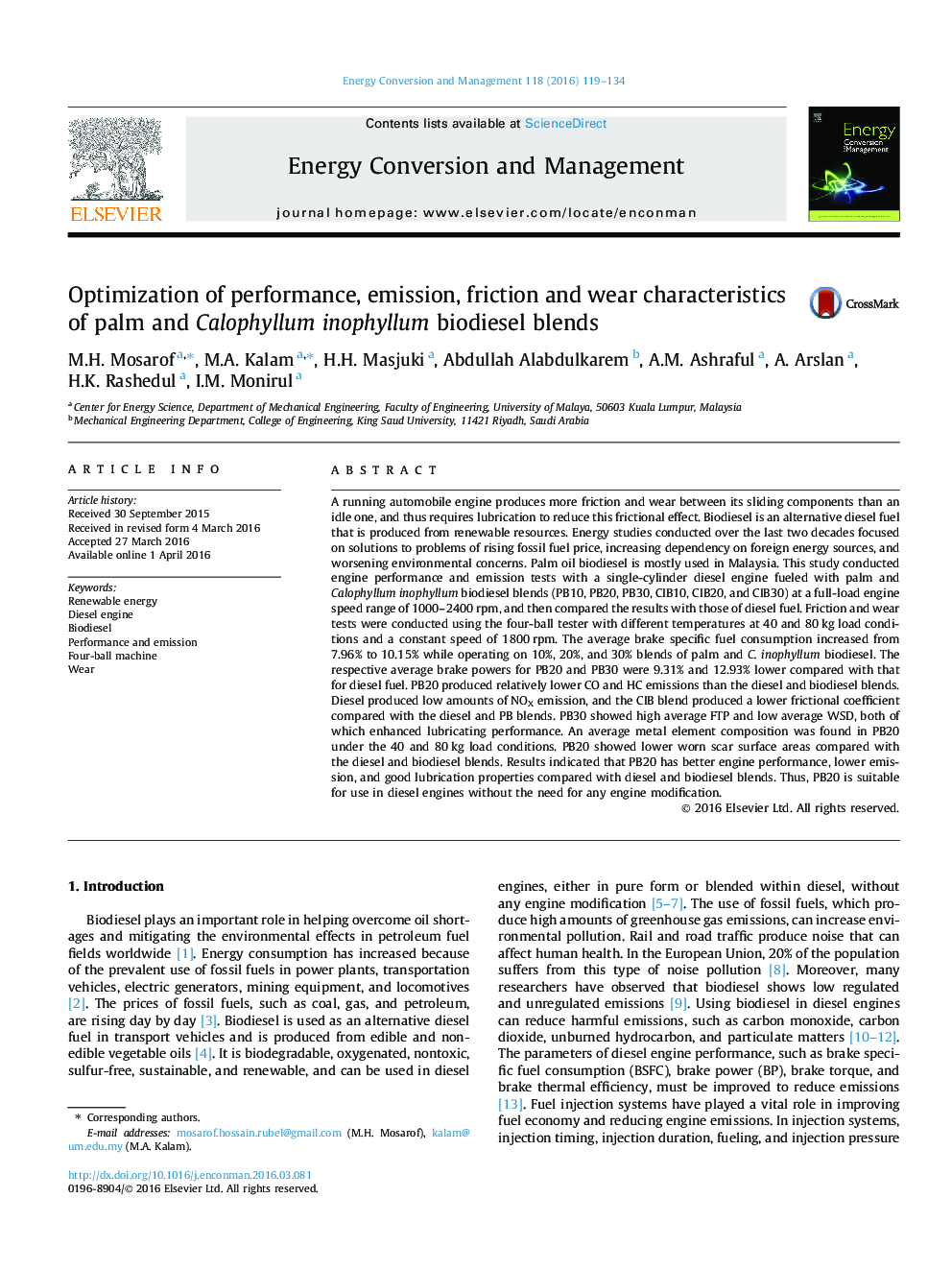 Optimization of performance, emission, friction and wear characteristics of palm and Calophyllum inophyllum biodiesel blends