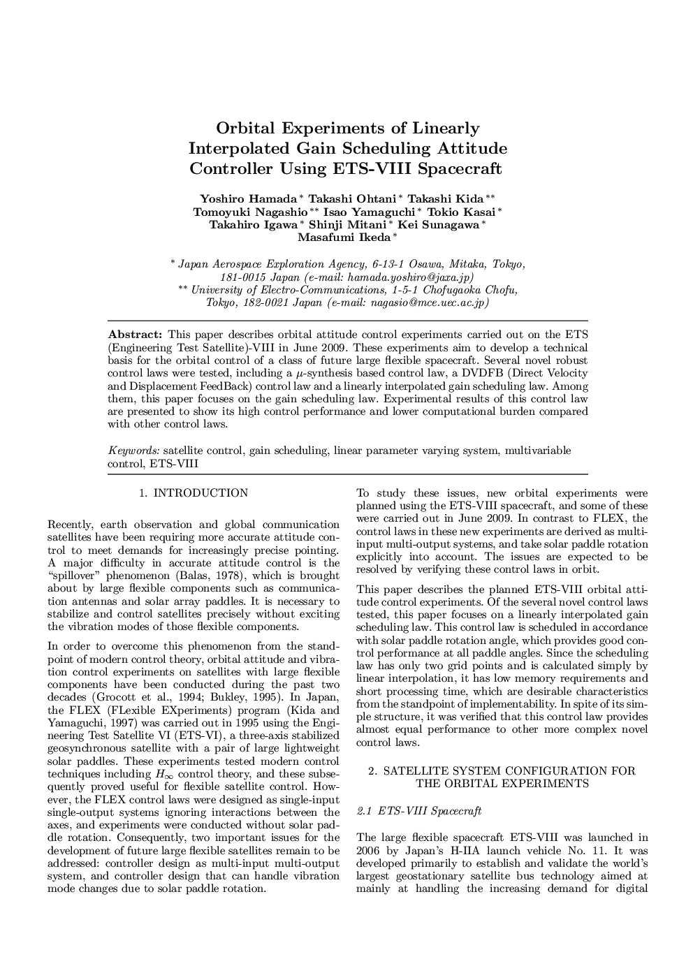 Orbital Experiments of Linearly Interpolated Gain Scheduling Attitude Controller Using ETS-VIII Spacecraft