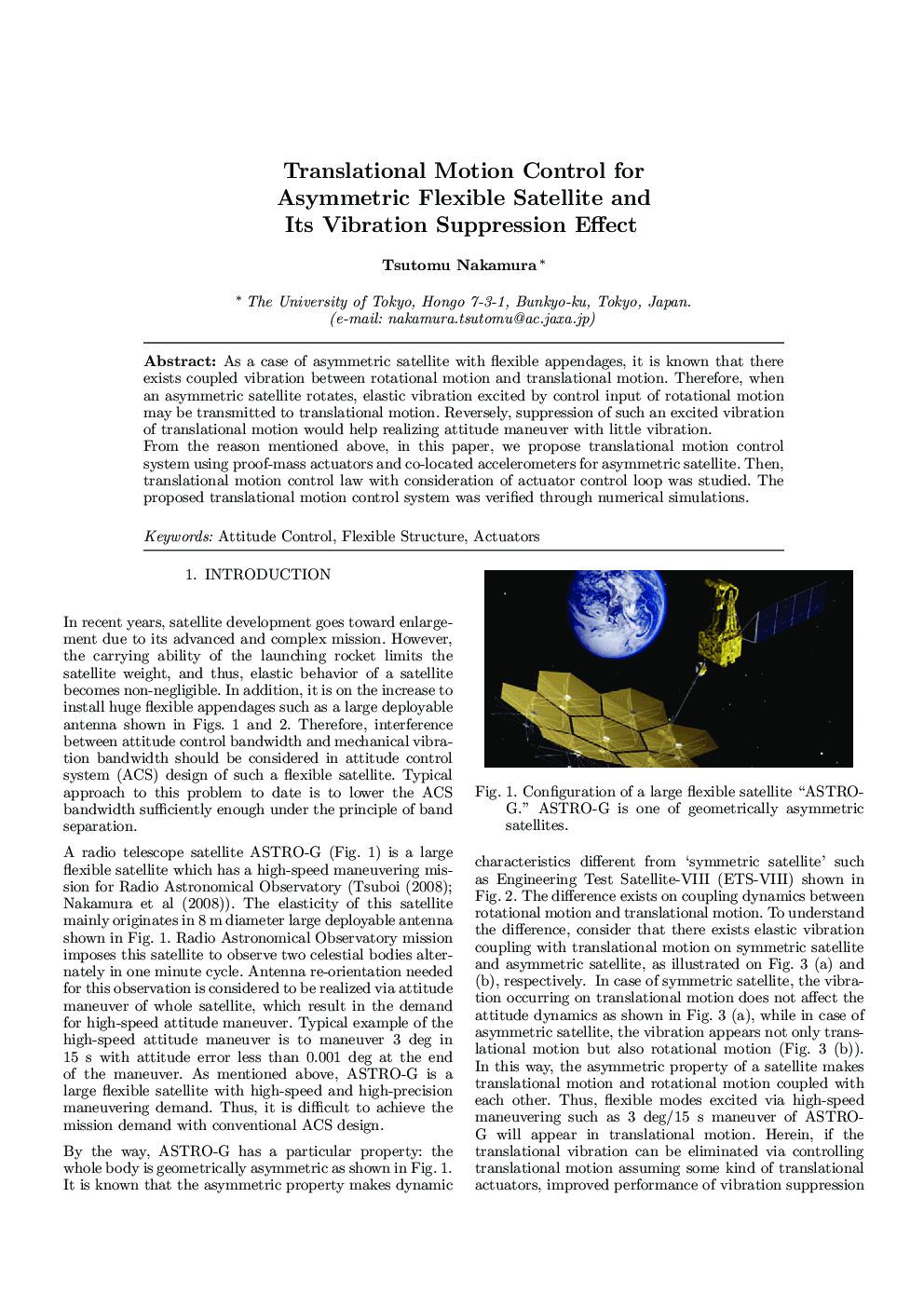 Translational Motion Control for Asymmetric Flexible Satellite and Its Vibration Suppression Effect
