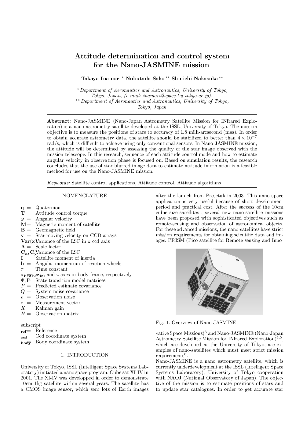 Attitude determination and control system for the Nano-JASMINE mission